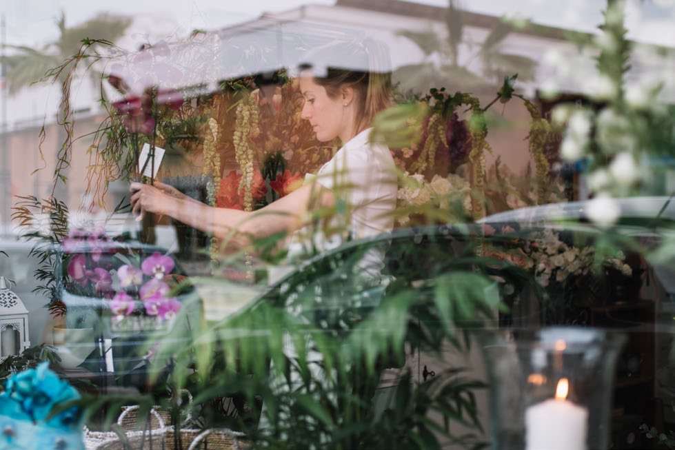 Ambiente de la tienda visto entre plantas
